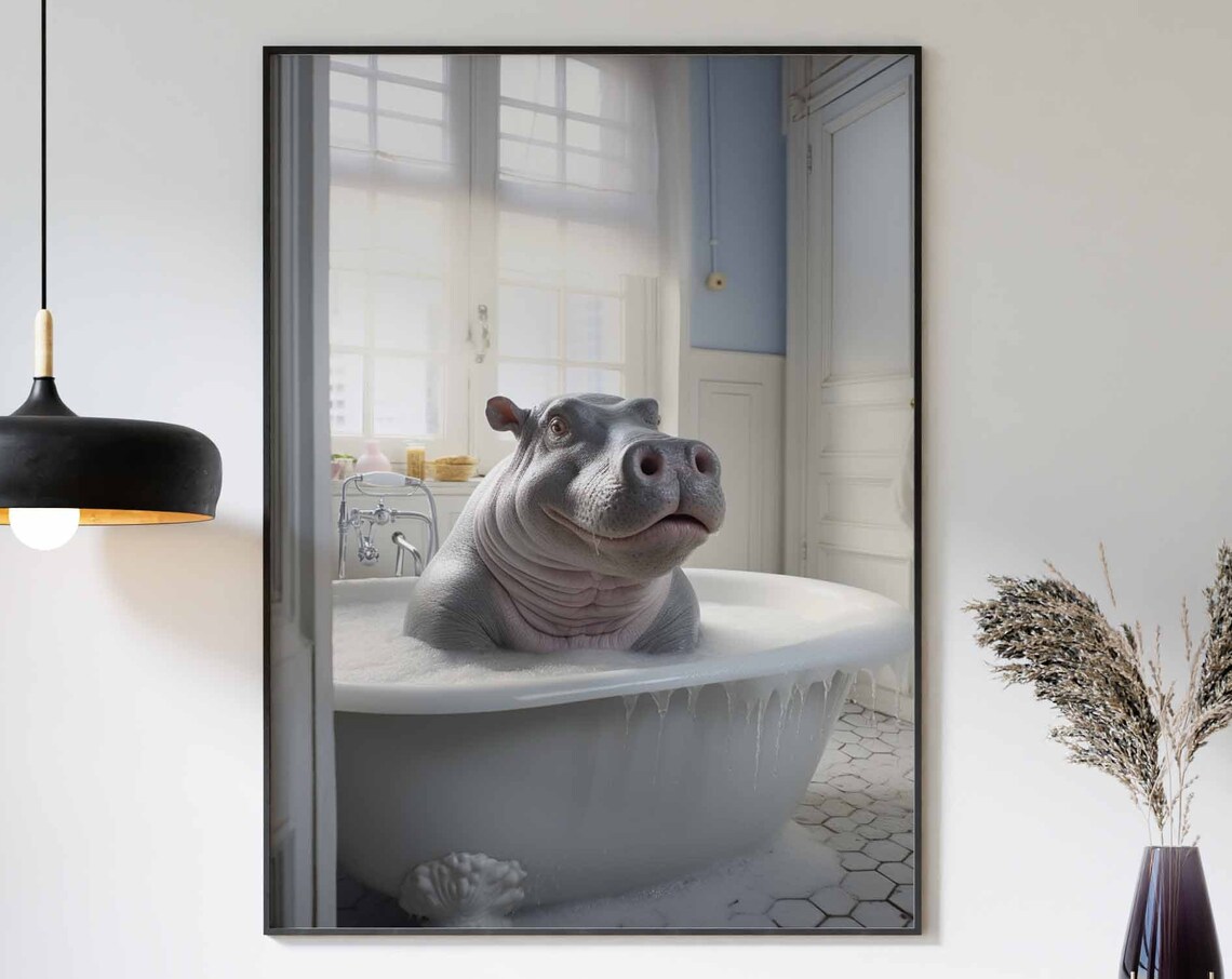 Smiling Hippo Enjoying A Foamy Bubble Bath On Hex Tile Poster