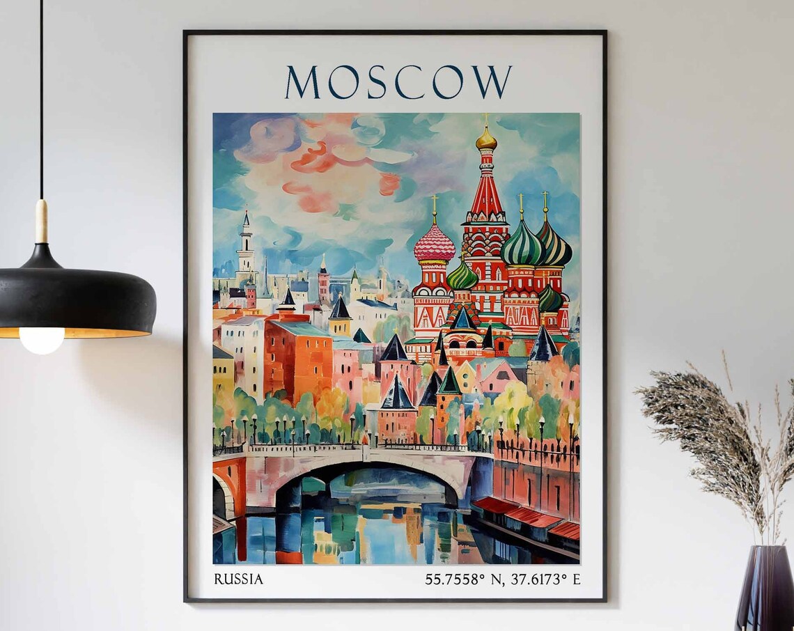 Moscow Travel Poster of Saint Basils Cathedral Watercolor Russia