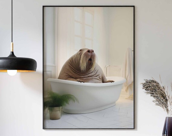 Walrus In Tub Wall Art Walrus Art Bathroom Art Print Funny Bathroom Wall Art Walrus Bathing Animal In Bathtub