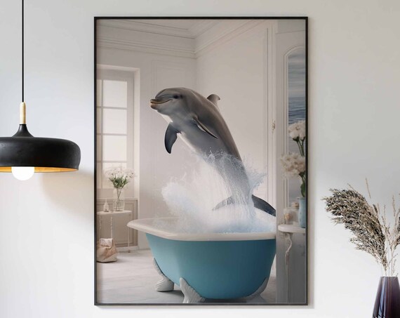 Dolphin Jumping Out Of A Teal Clawfoot Bathtub Smiling Poster