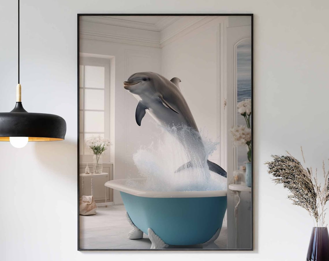 Dolphin Jumping Out Of A Teal Clawfoot Bathtub Smiling Poster