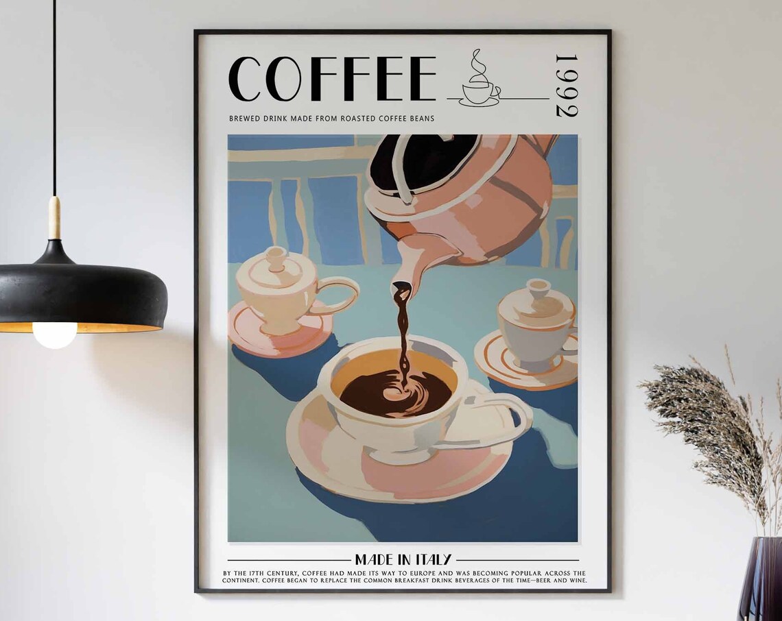 Coffee 1992 Copper Teapot Pouring White Background Retro Poster