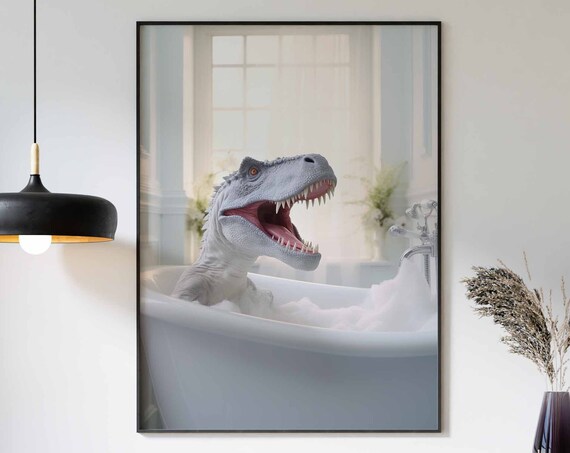 Dinosaur In Tub Wall Art Dinosaur Art Bathroom Art Print Funny Bathroom Wall Art Dinosaur Bathing Animal In Bathtub