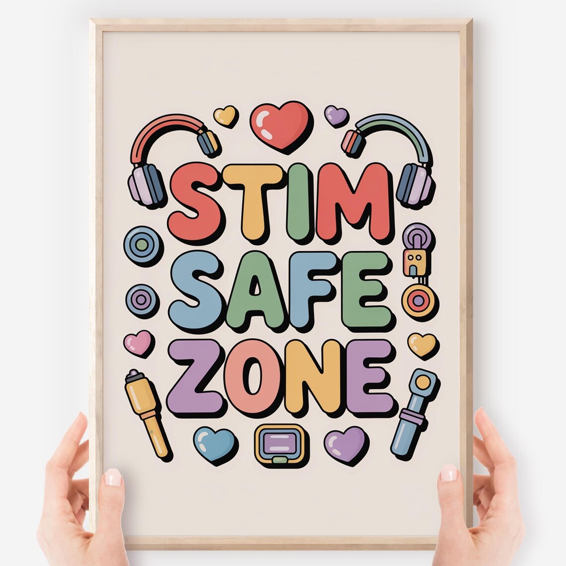 Stim Safe Zone Colorful Retro Letters Headphones Fidget Toys Classroom Poster
