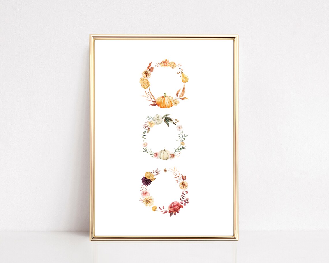 Watercolor Fall Floral Wreaths Pumpkins Trio Thanksgiving Autumn Wall Art