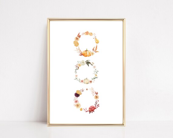 Watercolor Fall Floral Wreaths Pumpkins Trio Thanksgiving Autumn Wall Art