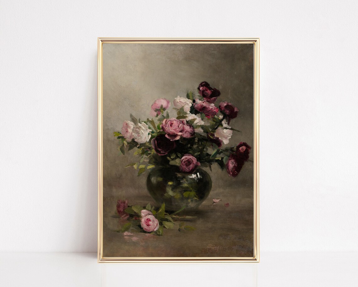 Pink Roses Dark Vase Vintage Oil Painting Moody Romantic Floral Poster