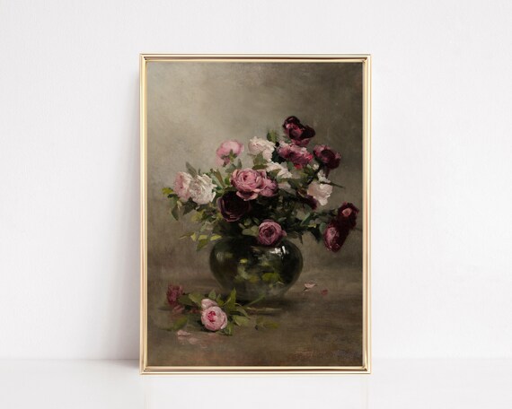 Pink Roses Dark Vase Vintage Oil Painting Moody Romantic Floral Poster