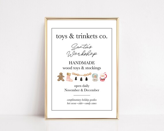 Vintage Santas Workshop Handmade Wood Toys Store Sign Christmas Print