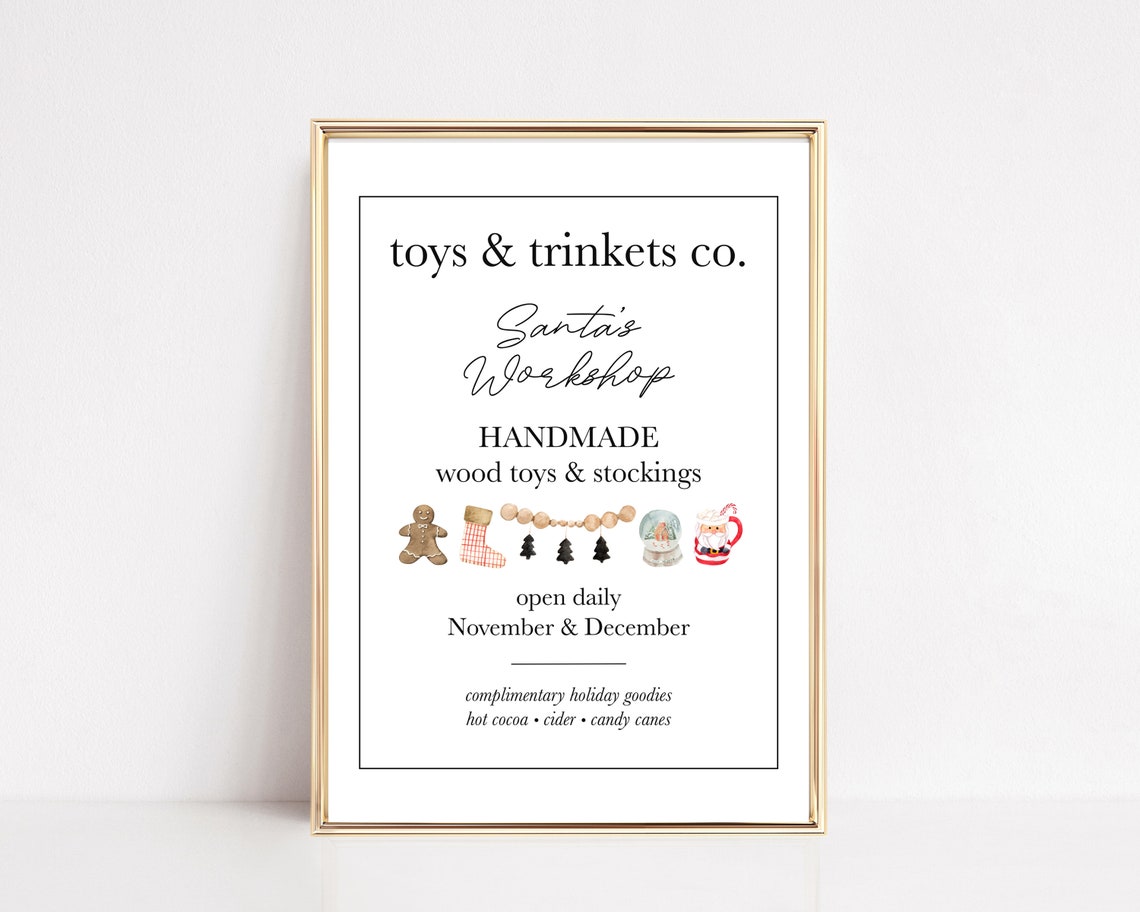 Vintage Santas Workshop Handmade Wood Toys Store Sign Christmas Print