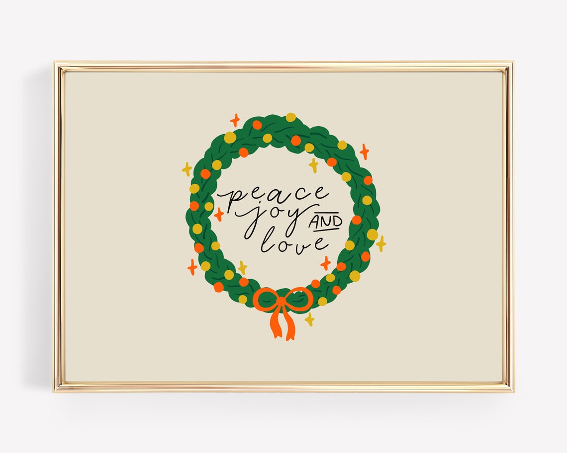 Peace Joy and Love Green Wreath Holiday Calligraphy Christmas Print