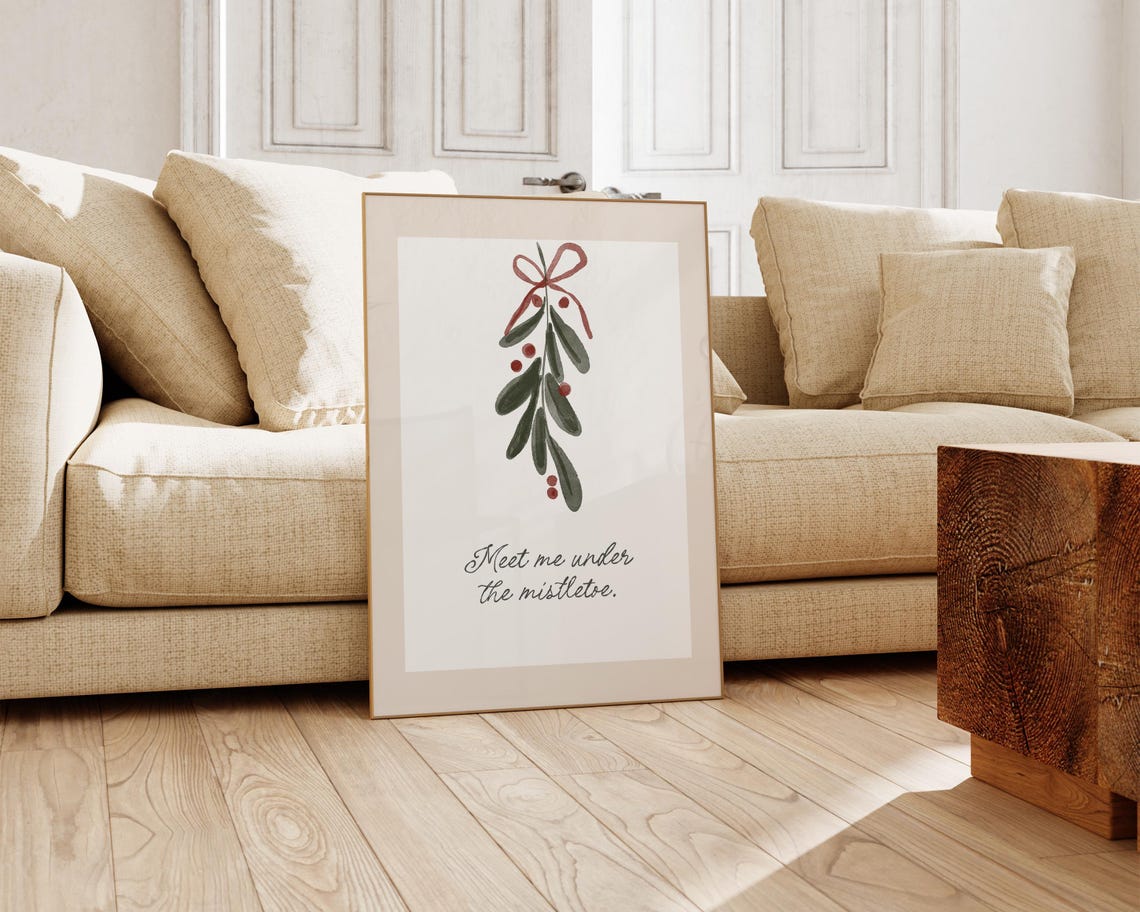 Meet Me Under The Mistletoe Watercolor Sprig Sweet Holiday Print - Image 2