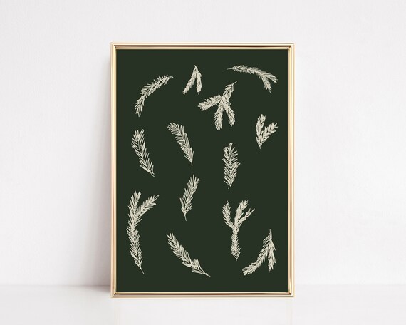 Winter Pine Sprigs Botanical Print on Dark Green for Christmas Wall Decor
