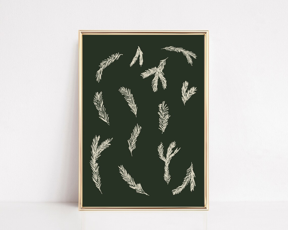 Winter Pine Sprigs Botanical Print on Dark Green for Christmas Wall Decor