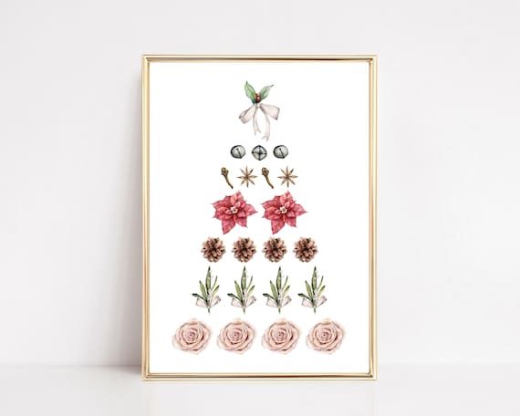 Watercolor Floral Christmas Tree Collage Print for Elegant Holiday Wall Decor