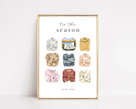 Tis The Season To Be Cozy Watercolor Sweaters Christmas Wall Art