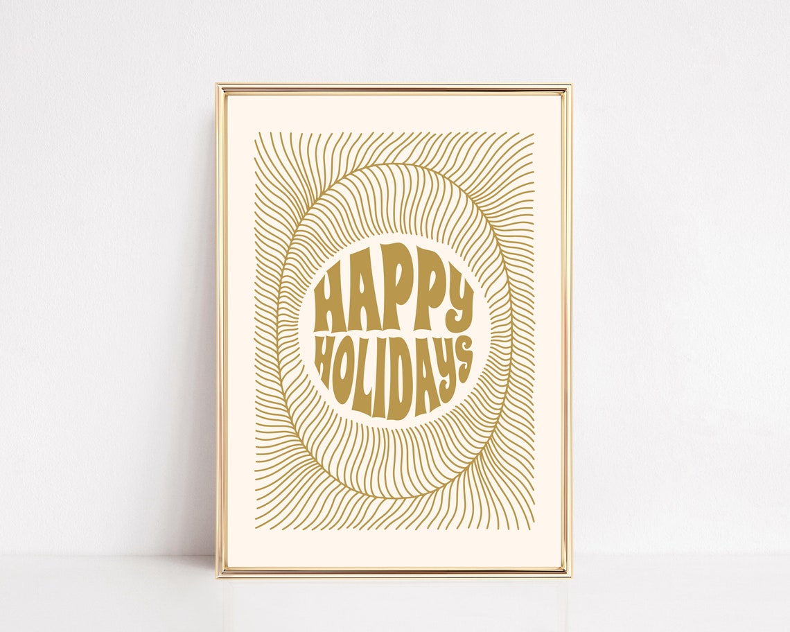 Happy Holidays Gold Art Deco Rays Cream Retro Typography Poster