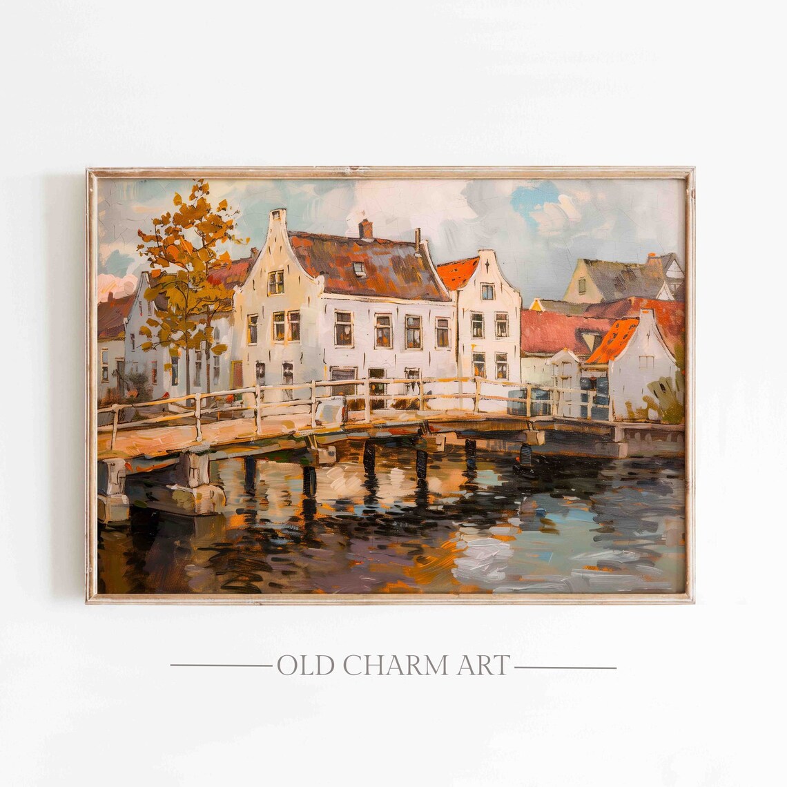 Old Dutch Canal Town with Wooden Bridge and Gabled Houses Art Poster