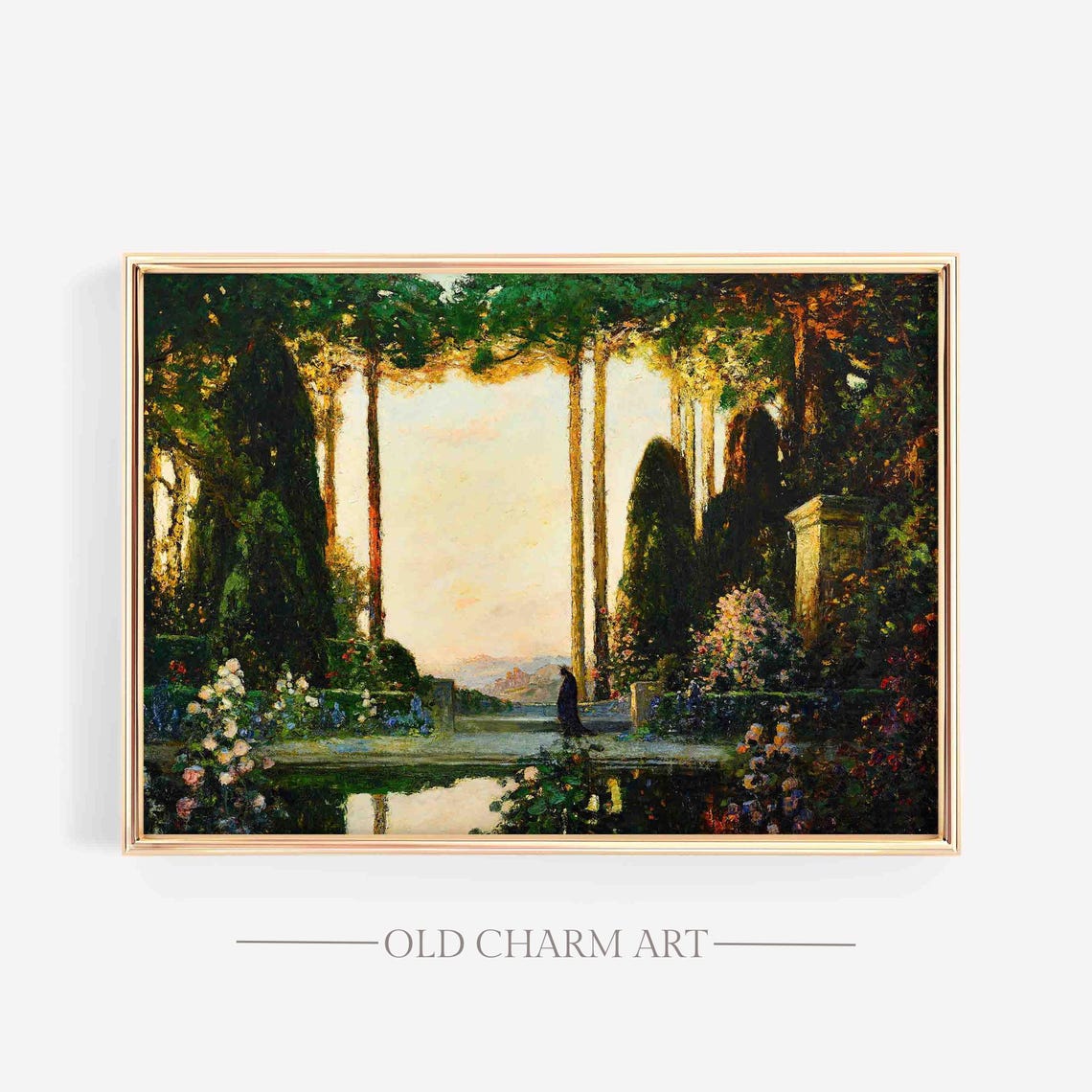 Italian Terrace Garden Cypress Trees Reflecting Pool Sunset Poster