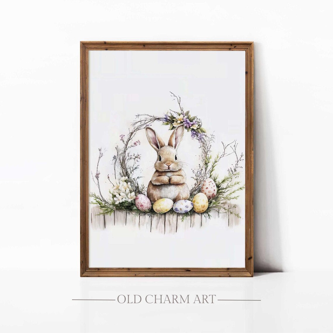 Watercolor Bunny Painted Easter Eggs Floral Wreath Fence Wall Art Poster