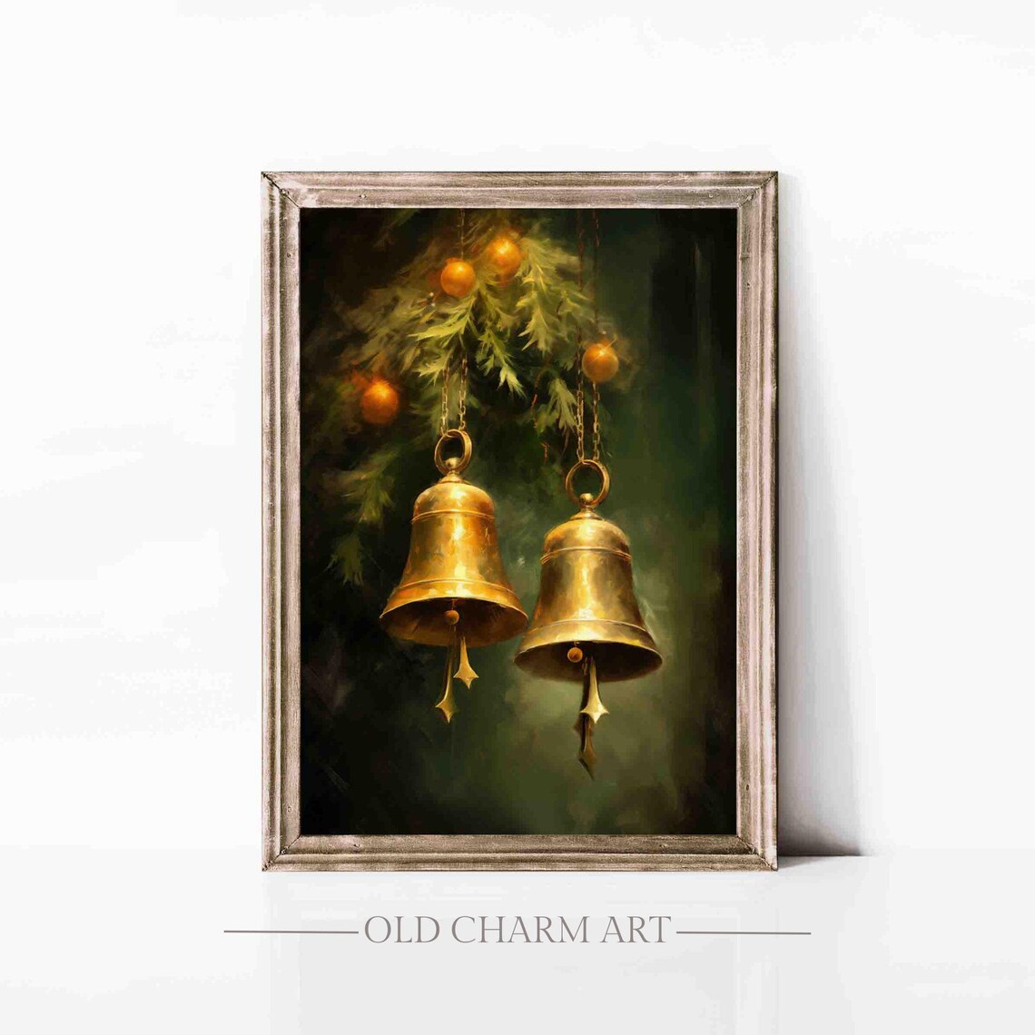 Golden Brass Christmas Bells Hanging On Pine Branch Dark Green Poster