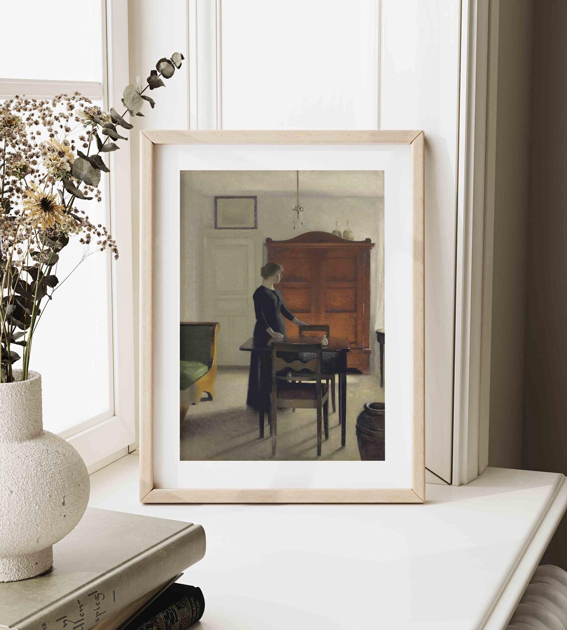 Woman In Dark Dress Quiet Interior Wooden Cabinet Soft Light Vintage Painting Poster - Image 3