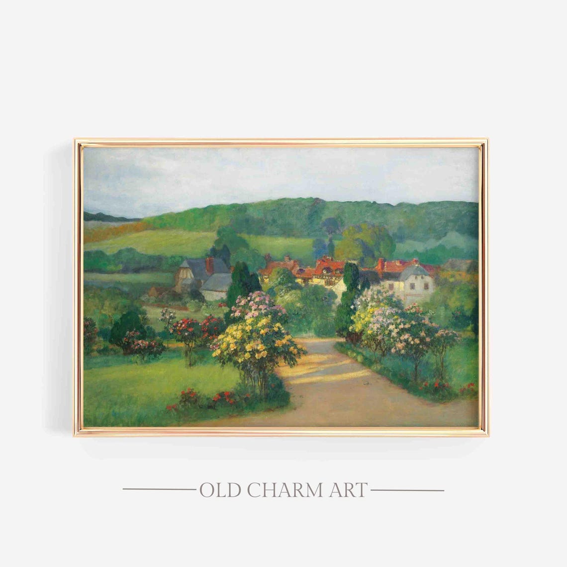Vintage Rose Garden Painting Cottage Garden Print Country Landscape Wall Art Rustic Farmhouse Art Poster Wa159