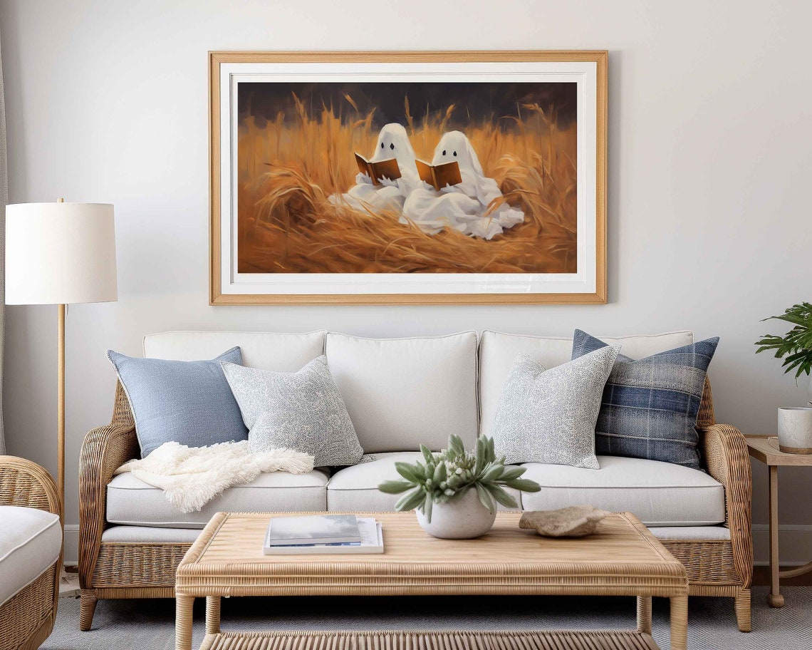 Cute Ghosts Reading Book Wheat Field Spooky Halloween Poster