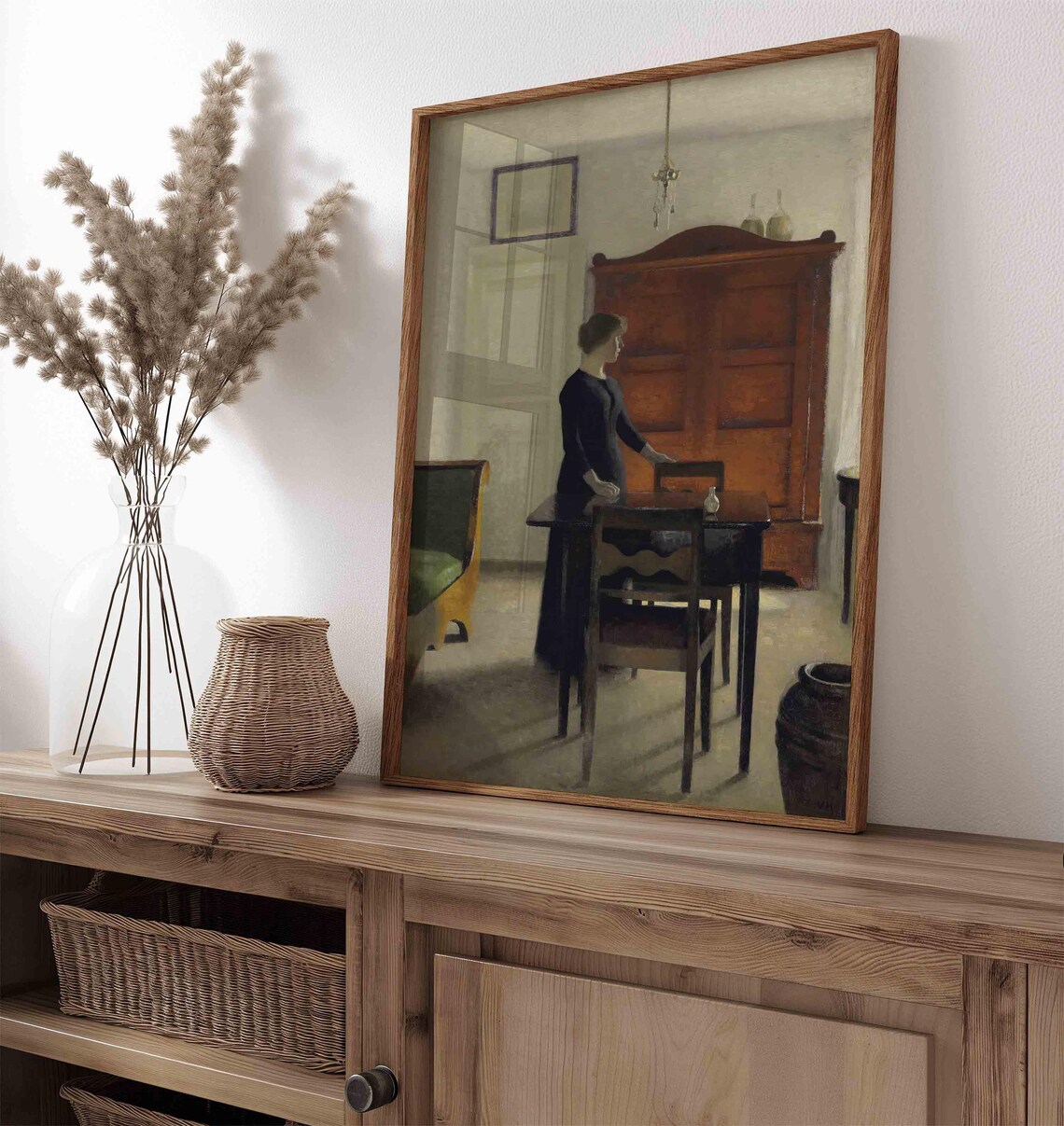 Woman In Dark Dress Quiet Interior Wooden Cabinet Soft Light Vintage Painting Poster - Image 2
