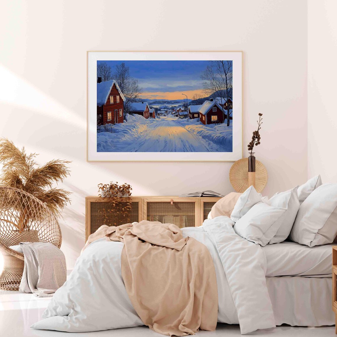 Cozy Scandinavian Winter Village Red Houses Dusk Painting Poster - Image 3