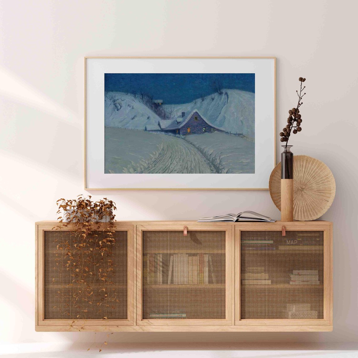 Winter Night Cabin Snowy Hills Glowing Windows Painting Poster - Image 4