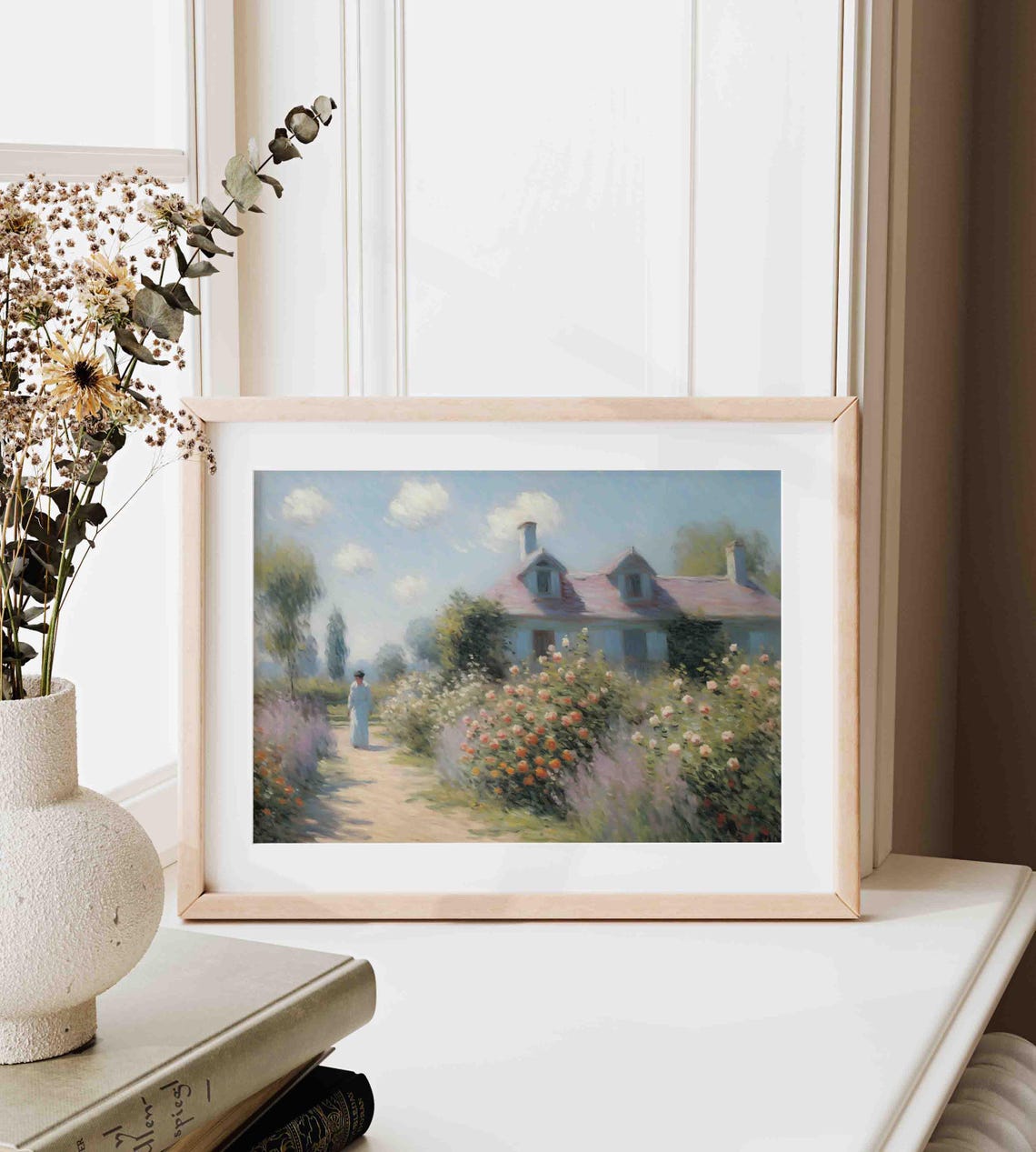 Woman Walking Rose Garden Path To Cottage Impressionist Summer Poster - Image 3