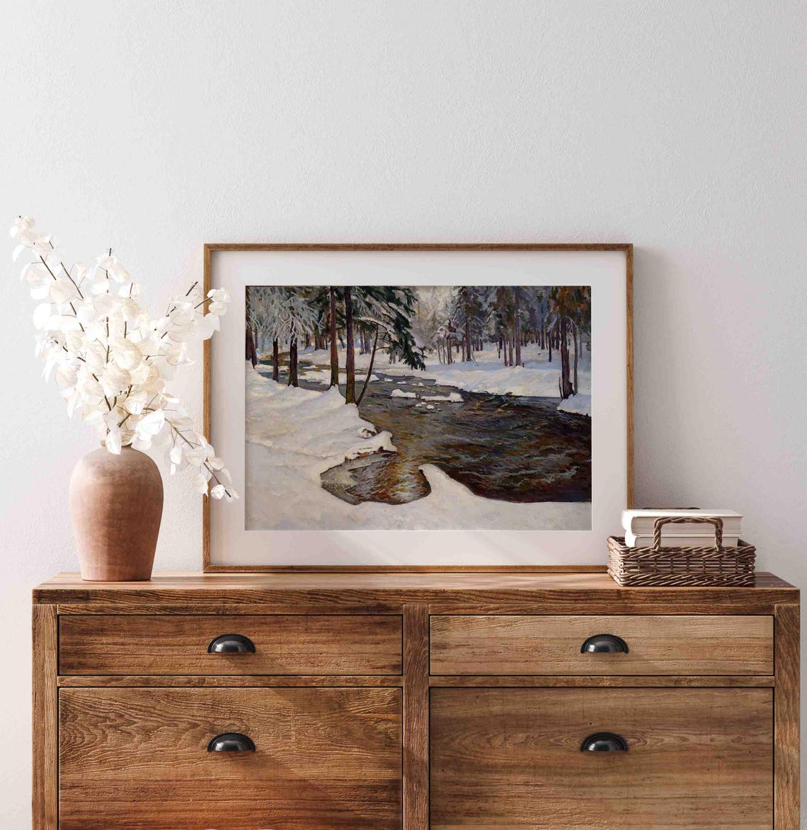 Wild Snowy Forest Stream Running Water Winter Painting Poster - Image 4