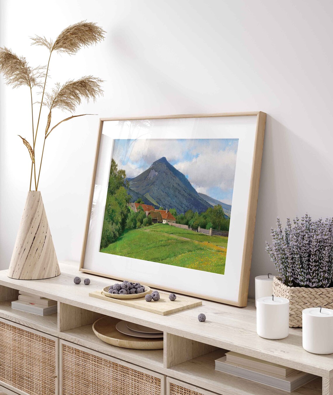Alpine Mountain Peak Above Red Roof Farm And Green Meadow Poster - Image 3