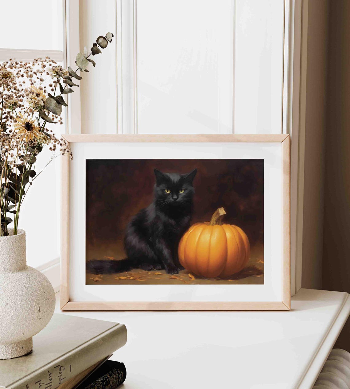 Vintage Elegant Black Cat with Pumpkin Halloween Oil Painting Poster - Image 3