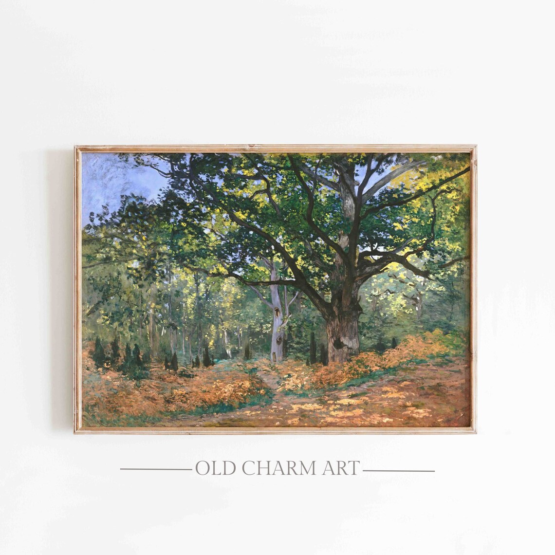 Majestic Old Oak Tree In Sunlit Forest Golden Autumn Leaves Art Poster