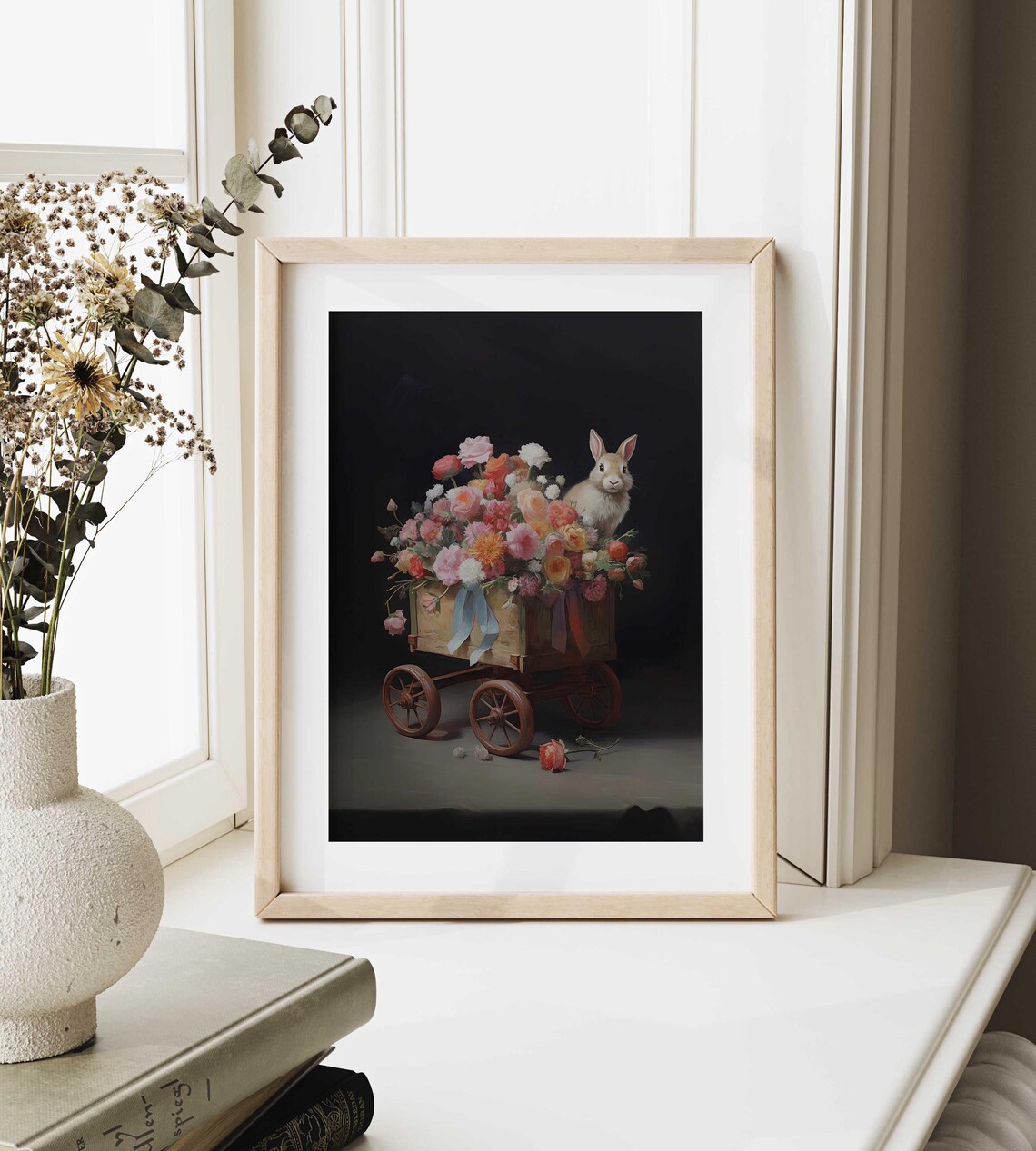 Bunny in Vintage Flower Cart Full Bloom Dark Background Wall Art Poster - Image 3