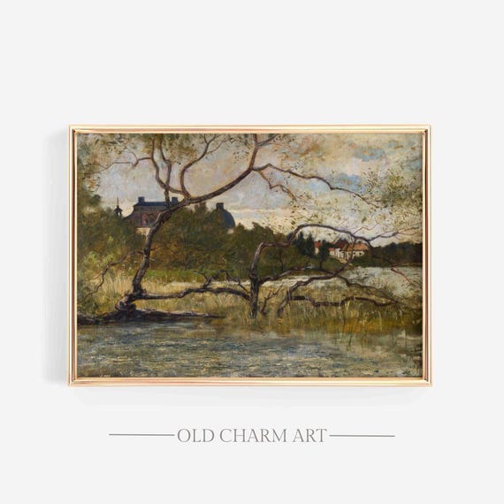 Fall Landscape Print Vintage Autumn Wall Art Decor Moody Cottage Oil Painting Wa135