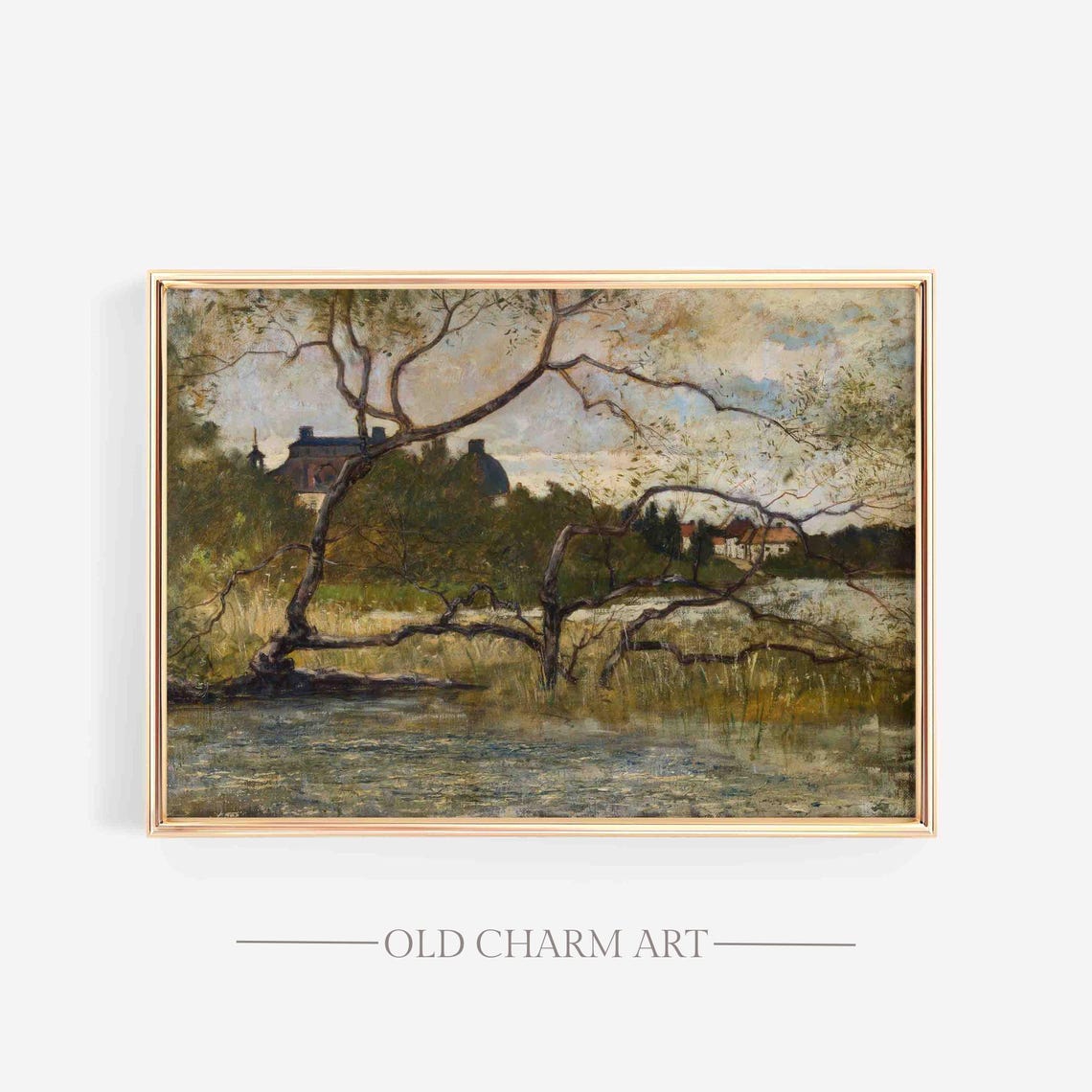 Moody Lakeside Painting Of Gnarled Trees And A Distant Manor Poster