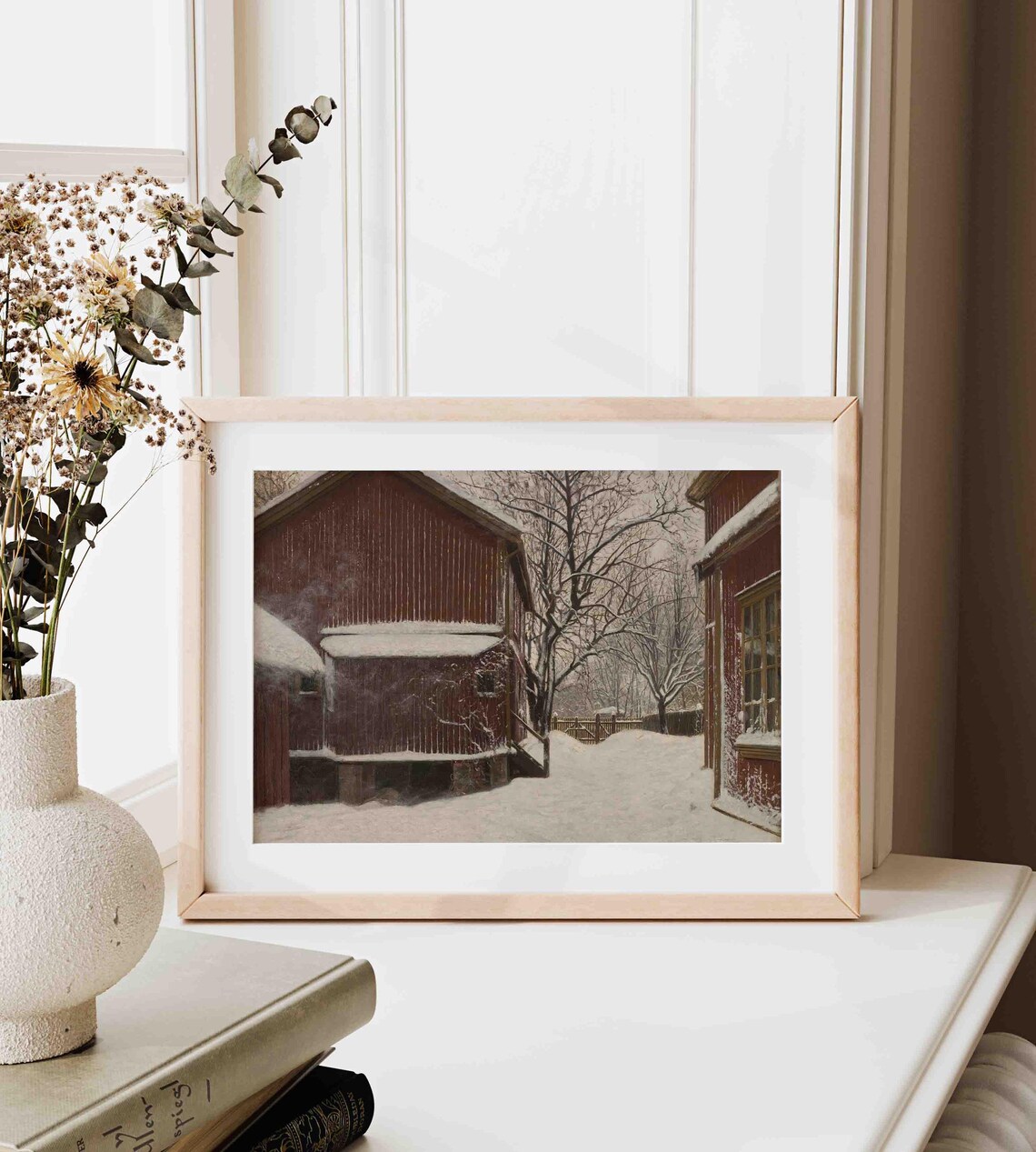 Quiet Red Barn Winter Snow Farm Vintage Landscape Painting Poster - Image 4