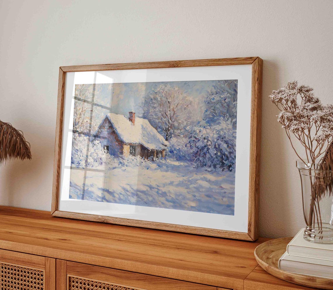 Bright Sunlit Snow Cottage Blue Shadows Winter Painting Poster - Image 3