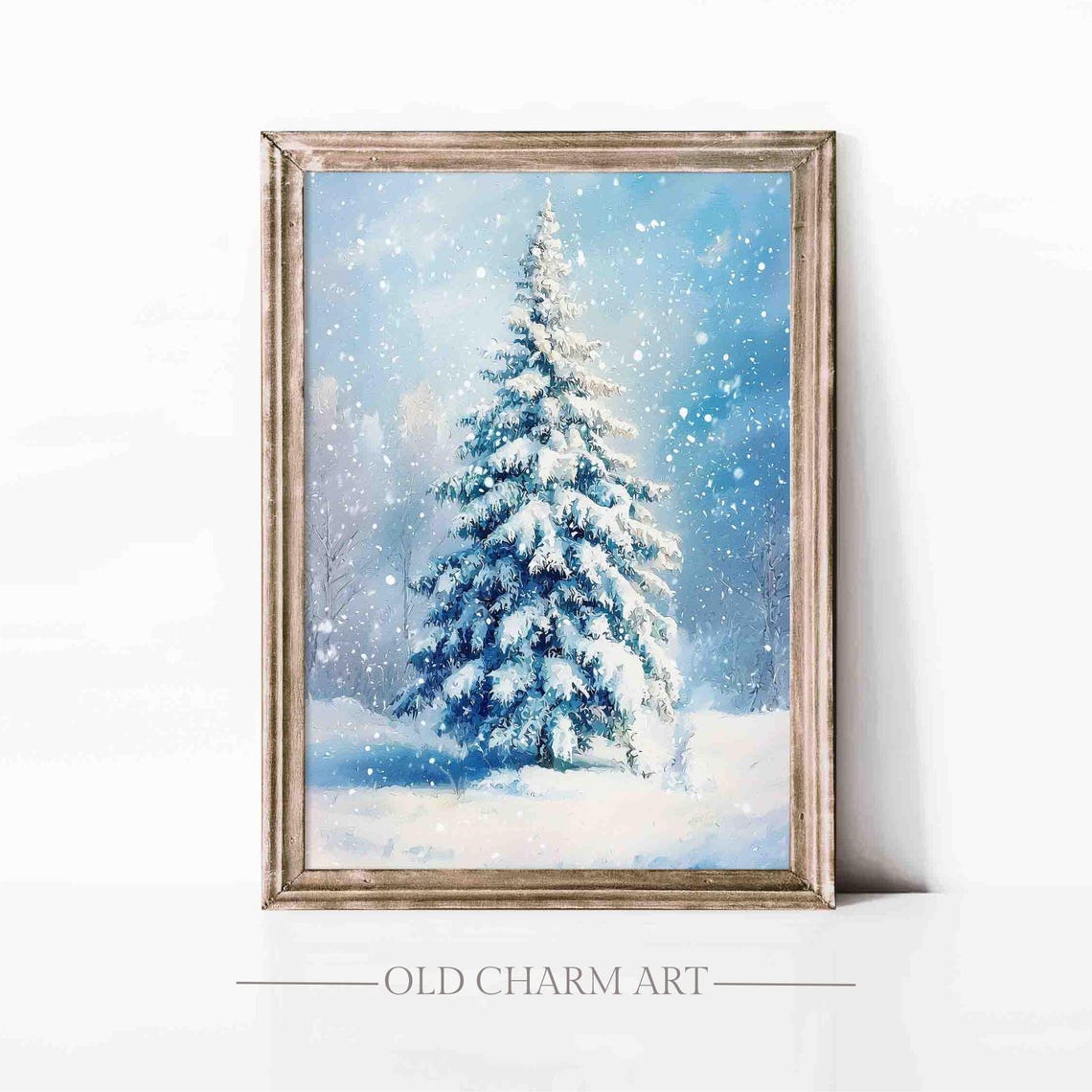 Tall Snow Covered Evergreen Tree In Blue Winter Wonderland Poster