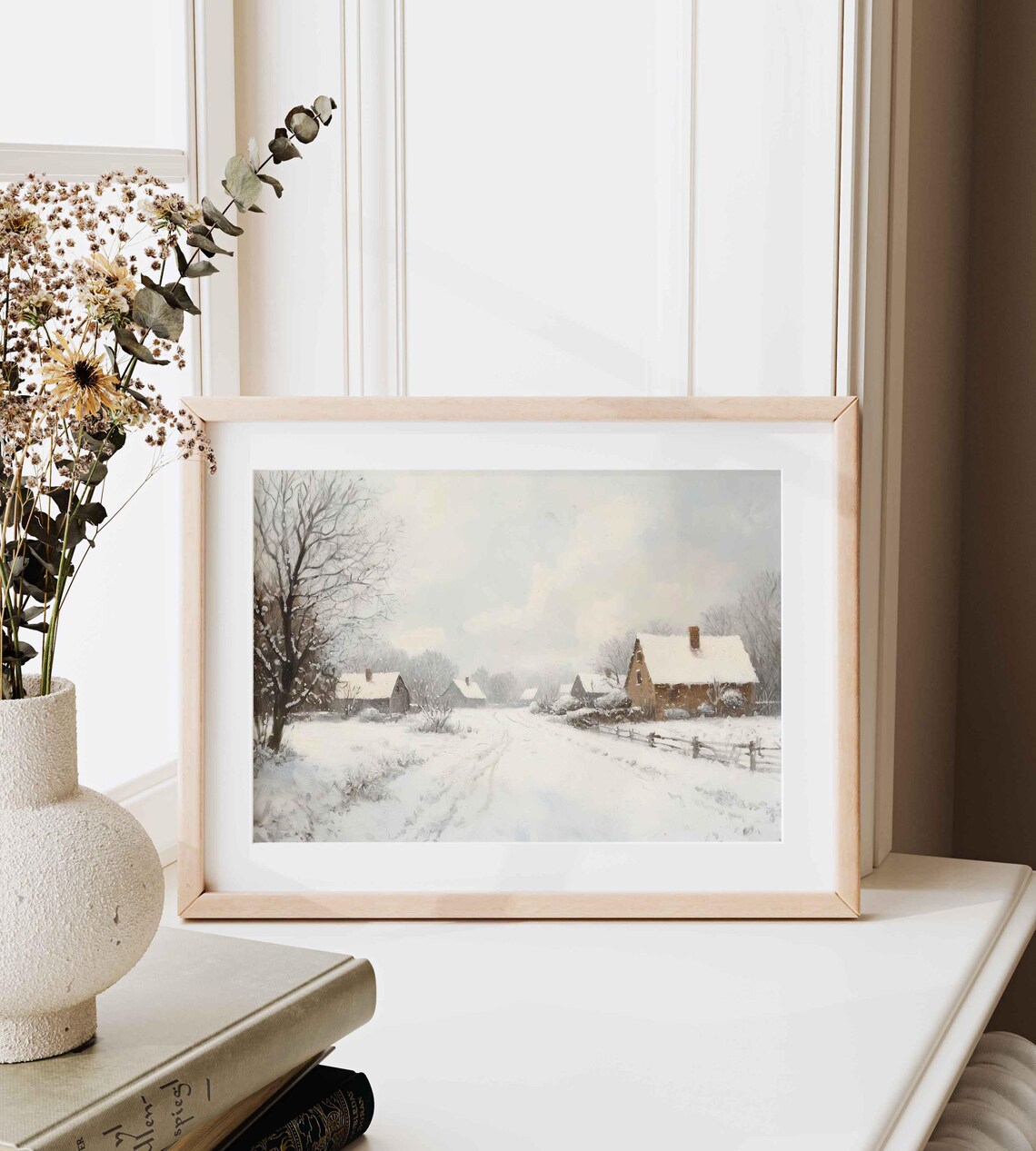 Winter Village Street Snowy Cottages Vintage Painting Poster - Image 3