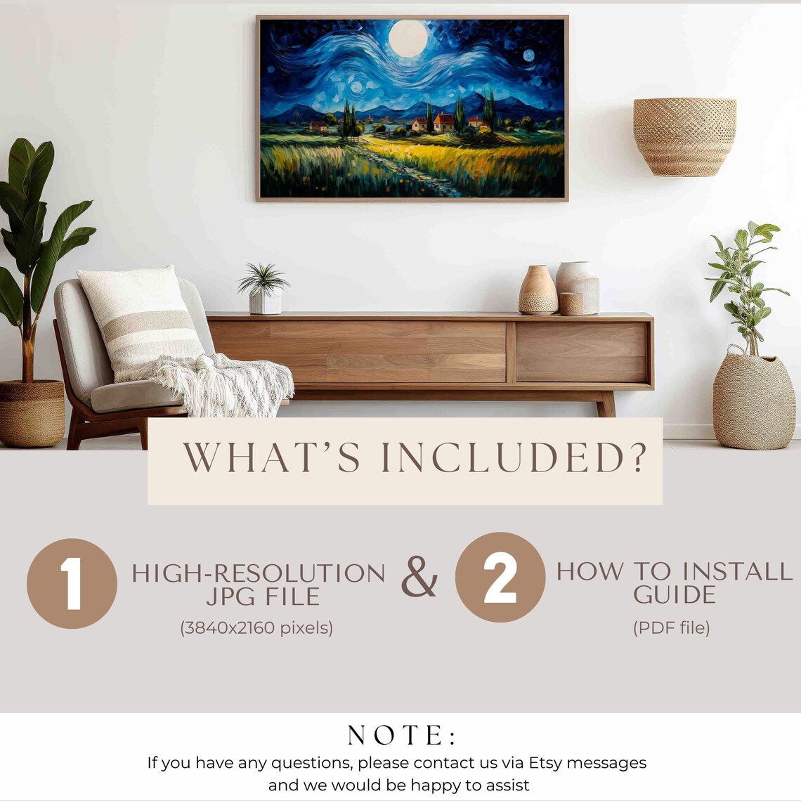 Starry Night Sky Moon Village Golden Field Swirling Blue Art Print - Image 4