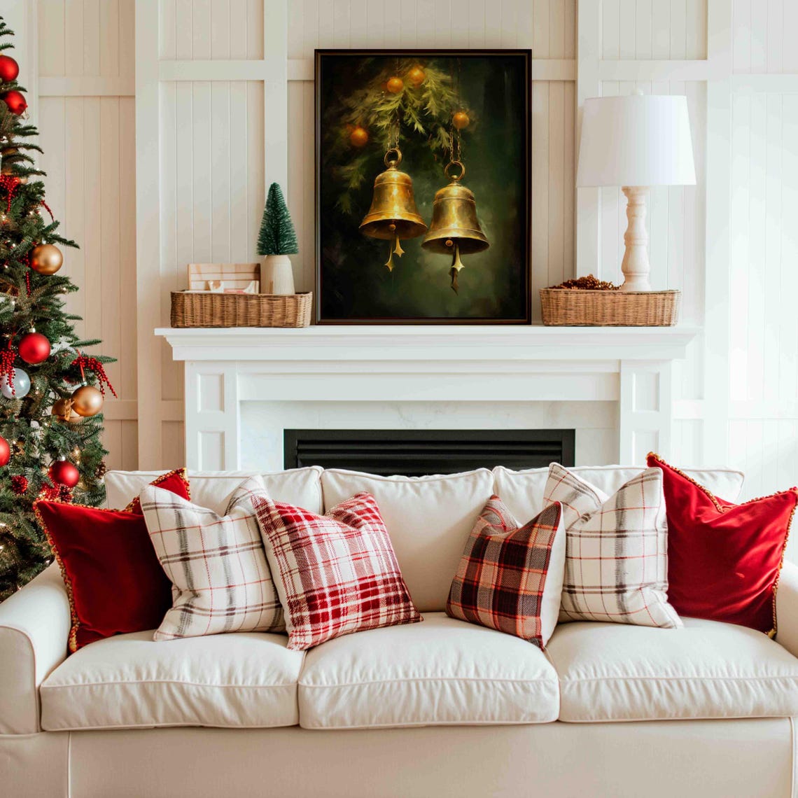 Golden Brass Christmas Bells Hanging On Pine Branch Dark Green Poster - Image 4