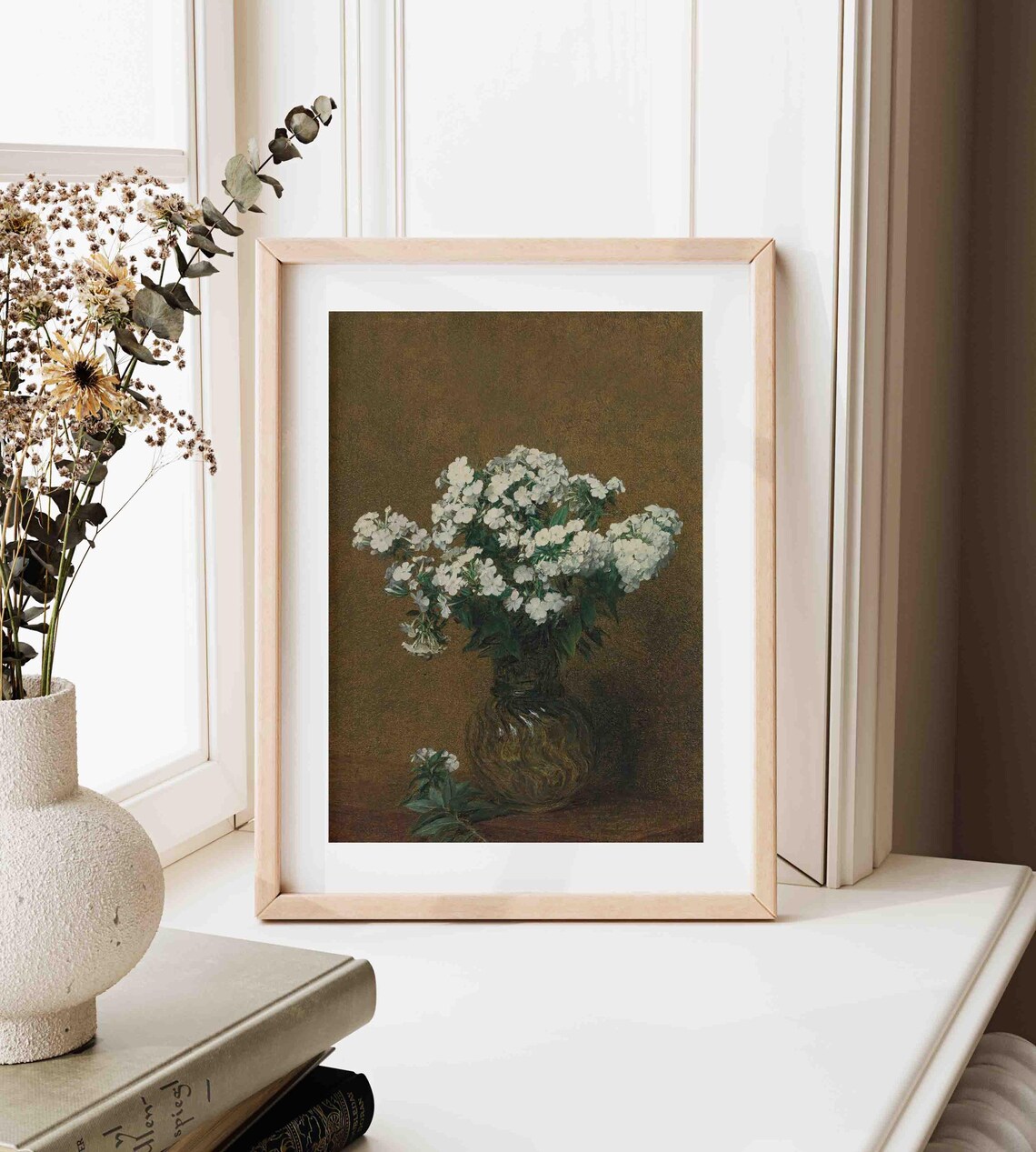 White Phlox Flowers in Glass Vase Still Life Painting Poster - Image 2