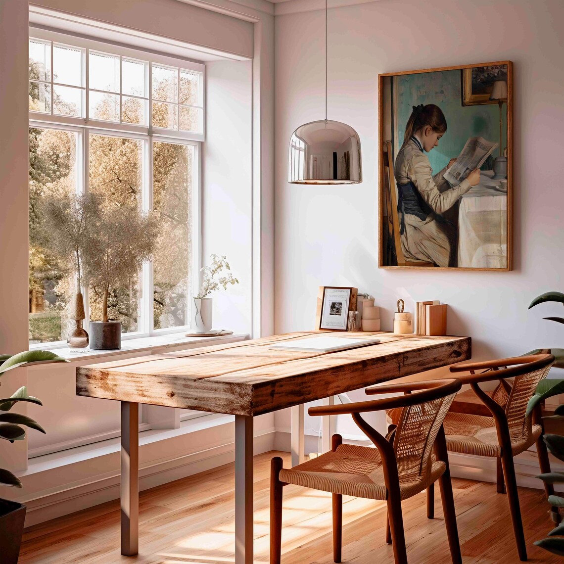 Young Woman Reading Newspaper Table Quiet Interior Vintage Genre Painting Poster - Image 2