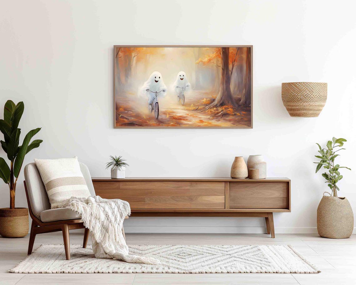 Smiling Ghosts Riding Bikes in Autumn Forest Halloween Poster - Image 4
