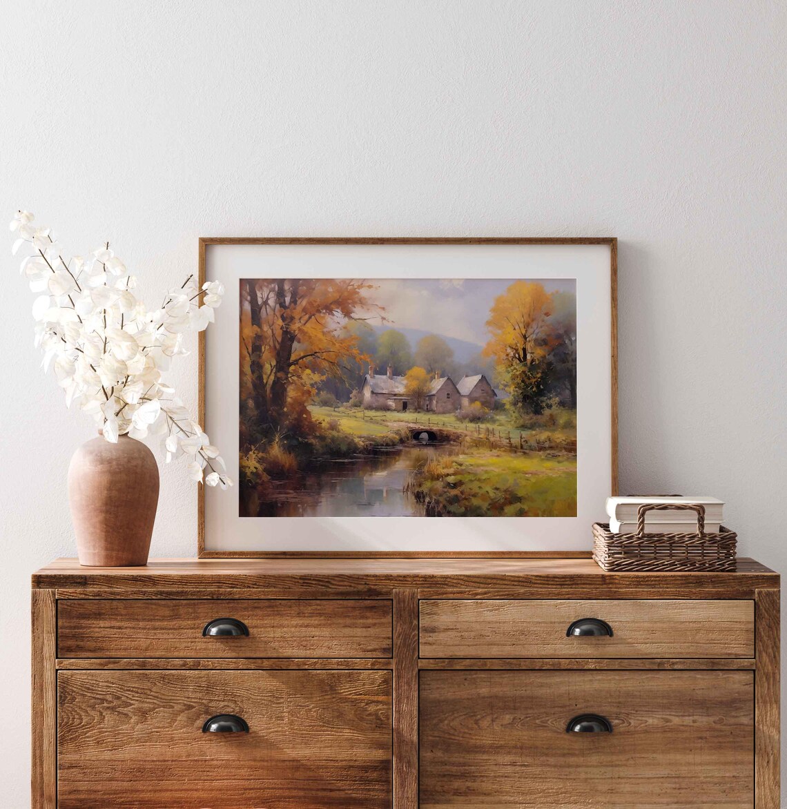 Autumn Riverside Cottage With Stone Bridge And Golden Trees Poster - Image 4