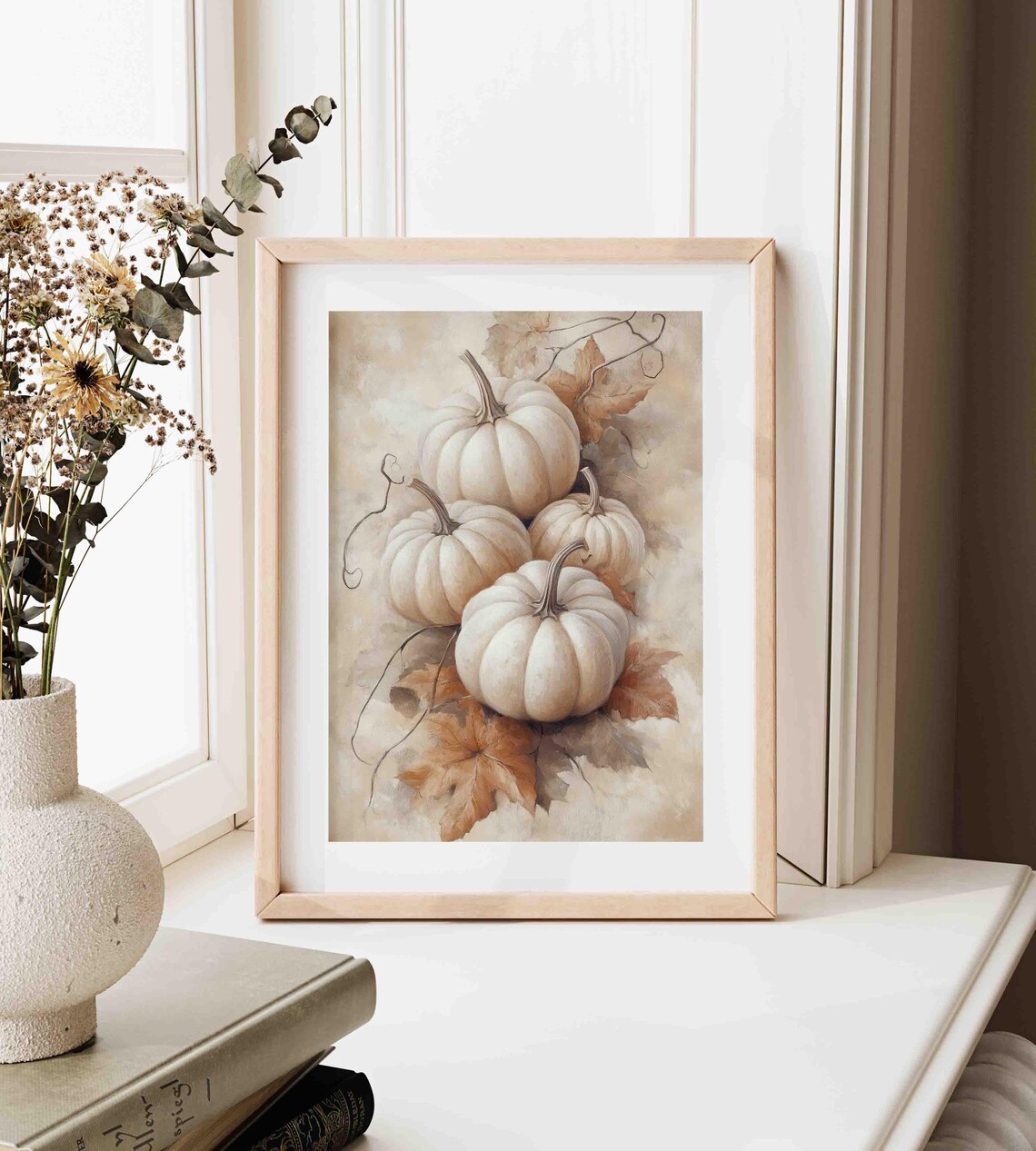 White Pumpkins With Autumn Leaves Vertical Watercolor Wall Art - Image 4